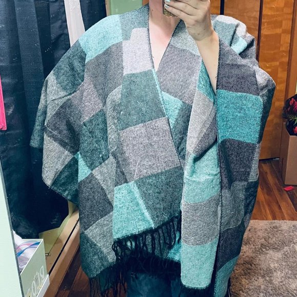 Gorgeous Large Patchwork Wrap in Teal, Black, Gray, and Dark Blues - Picture 1 of 2